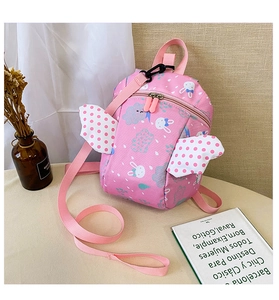 Pink toddler backpack with bunny print, angel wings, and anti-lost safety leash cord