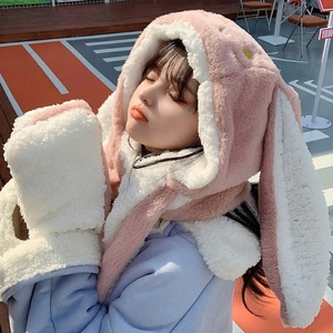 Cute pink and white plush 3-in-1 hooded scarf with rabbit ears and built-in gloves