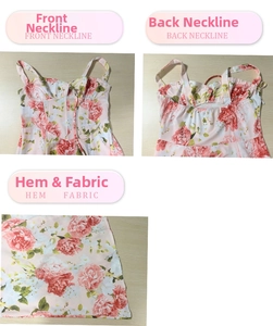 Detailing the floral dress front neckline, back closure, and hemline fabric texture