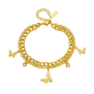 Double-layered rose gold stainless steel butterfly pendant bracelet with zircons