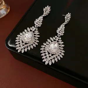 Silver drop earrings with wheat leaf crystal tassels and teardrop zircon pendants
