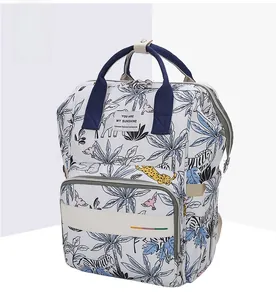Detail of printed diaper bag with tropical animals and thermal insulation features