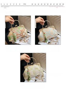 Close-up of vintage embroidery patterns with metal handles and silk tassels on bags