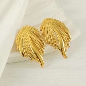 18k gold plated stainless steel feather earrings with textured wheat spike design