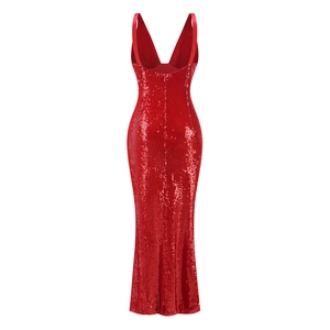 Detailed back view of the red sequin fishtail evening gown with open back design