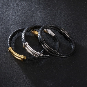Bracelets en cuir tressé pour hommes avec fermoir magnétique en or, argent et noir