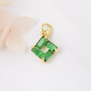 Copper square pendant with green baguette zircons for DIY jewelry making