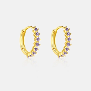 Detailed macro shot of golden hoop earrings featuring inlaid purple cubic zirconia gems