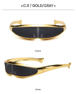 Front and side views of gold Y2K futuristic Cyclops sunglasses with gray lenses