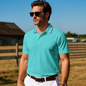 Outdoor shot of light blue men's polo shirt featuring striped collar and breathable knit