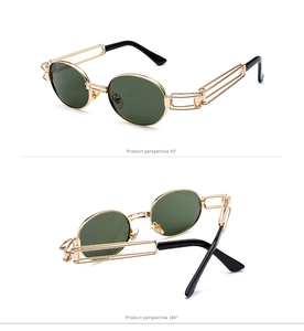 Detail view of steampunk oval sunglasses with gold frame and dual hollow temple design