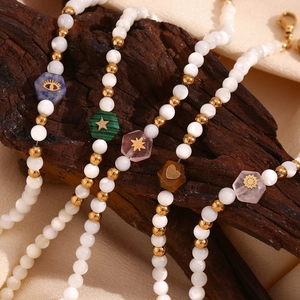 Beaded Bracelet Stainless Steel 18K Gold Plated Hexagon Natural Stone Shell Beads Bohemian Style For Women Charm Jewelry