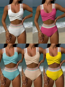 Bikini Top And High Waist Bottom Textured Fabric Cross Wrap Rainbow Straps Beach Vacation Swimwear For Women