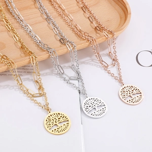 Tree Of Life Layered Pendant Necklace Stainless Steel Paperclip Chain Double Layer Hollow Round For Women