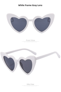 Detailed front and side views of heart-shaped sunglasses with white frames and gray lenses