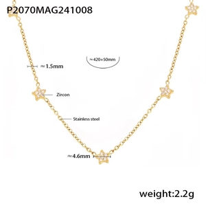 Detail of 18k gold plated star necklace with zircon inlays and sizing specifications