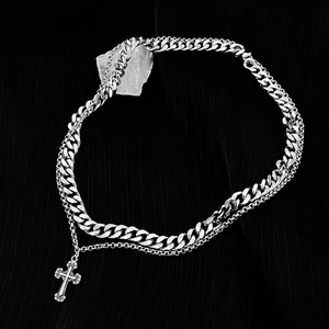 Double-layered silver titanium steel cross pendant necklace with cuban link design