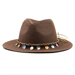 Unisex dark brown straw fedora with bohemian shell charms for beach sun protection