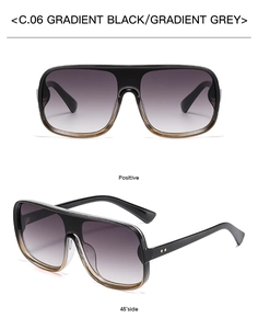 Detail view of large frame gradient black sunglasses in positive and 45-degree side angles