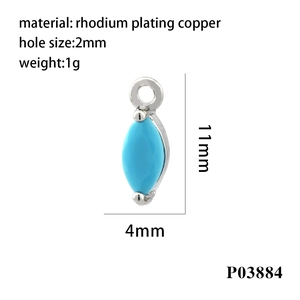 Technical drawing of 11mm rhodium plated marquise pendant with dimension and material specs
