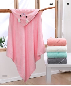 Detail of hooded baby bath towel with cute cartoon animal embroidery and soft coral fleece