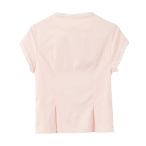 Pink short sleeve shirt with white lace trim on collar and sleeves back view