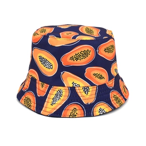 Close-up of the high-quality papaya print stitching and navy fabric on the bucket hat
