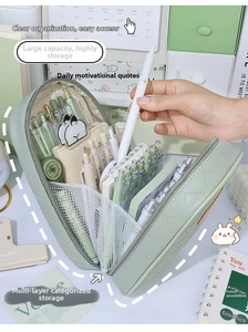Detail showing the six-layer interior storage and mesh pockets of the mint green pencil case