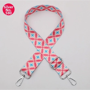 Detail of adjustable polyester strap No. 580 with blue pink floral pattern and silver hooks