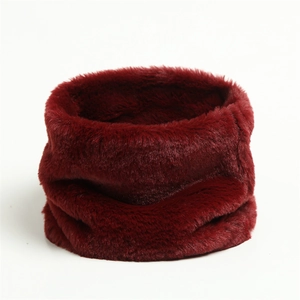 Detailed view of plush faux rabbit fur neck warmer in a deep burgundy wine red color