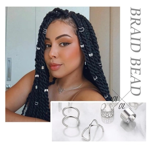 Detail of silver alloy braid beads and metal hair rings on dark textured braids