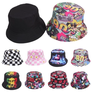 Reversible Bucket Hat Polycotton Sun Protection Retro 80s 90s Vintage Print Streetwear Hip Hop Outdoor Sun Hat For Adult