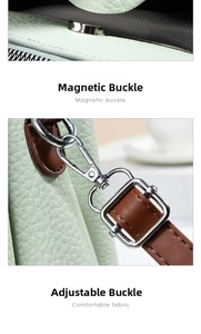 Detail of silver magnetic buckle and swivel clasp on light green lychee leather bag