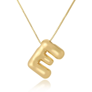 Detail of a 3D balloon-style letter E pendant in gold finish with a sleek box chain