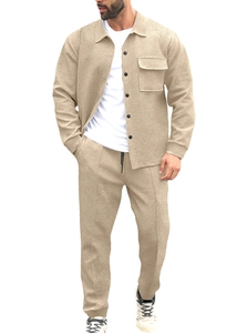 Detail shot of khaki corduroy texture on slim fit men's long sleeve shirt jacket