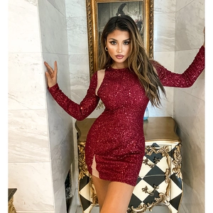 Robe Mini À Paillettes Bordeaux Manches Longues Découpée Slim Fit Sexy Fête Soirée
