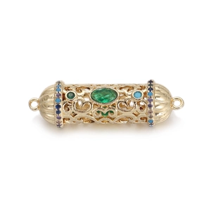 Golden hollow cylinder jewelry pendant with green gemstone and filigree star pattern