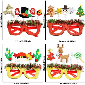 Detailed size specifications for assorted Christmas party eyewear with festive 3D ornaments