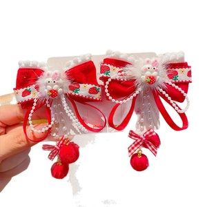 Red bow hair clips with cute rabbit and pearl tassels for girls Chinese New Year hair style