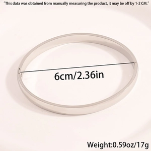 Polished stainless steel oval bracelet showing 6cm inner diameter and 17g weight