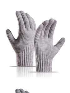 Detailed view of grey thermal knit gloves featuring warm fleece lining and ribbed cuffs
