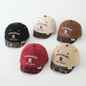 Kids faux suede baseball caps with leopard print brim and vintage letter embroidery