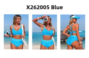 Three-way view of blue two-piece bikini with cross-back top and high-waisted bottoms
