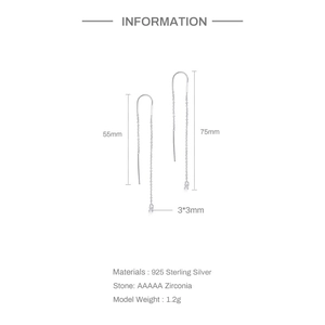 Detail specifications for S925 sterling silver tassel earrings with 75mm chain length