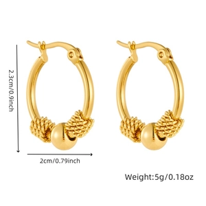 Minimalist gold plated stainless steel beaded geometric hoop earrings on white background