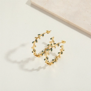 Exaggerated 14K gold plated hoop earrings with green leaf vine design for women