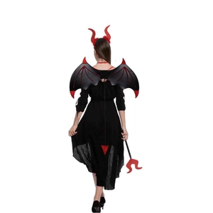Devil cosplay costume set for Halloween party featuring black dress and bat wings