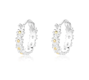 Detailed macro view of S925 silver daisy hoop earrings with gold floral center