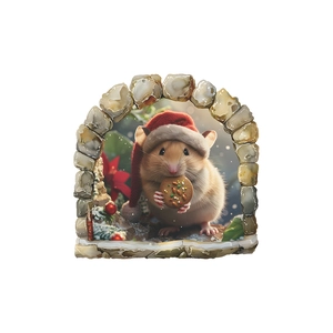 Close-up of 3D Christmas hamster wall sticker peeking from a stone mouse hole