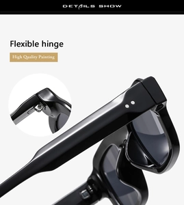 Detail show of flexible hinge and high quality painting on black glossy sunglasses